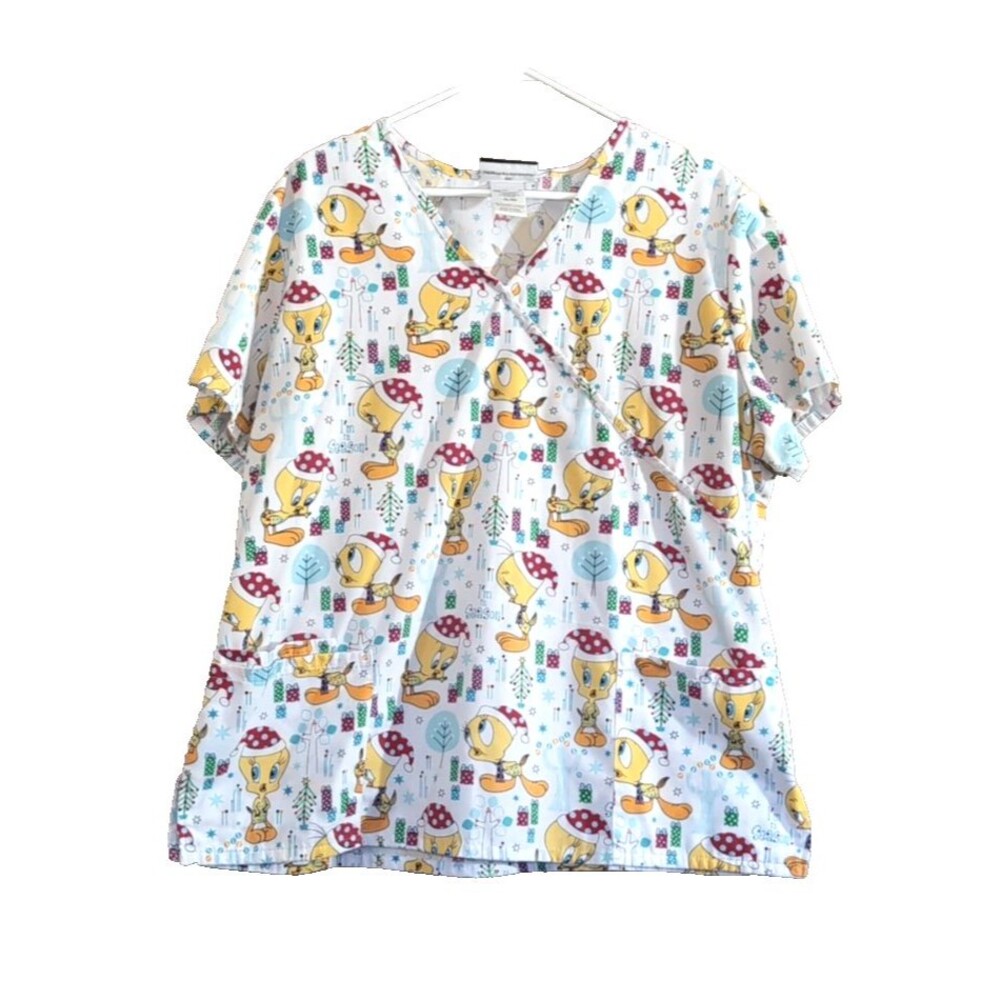 Women's Christmas Scrub Top Size 2XL Looney Tunes Tweety Bird White Multicolor
